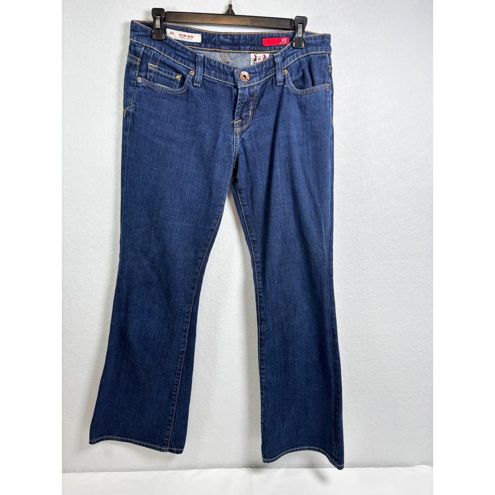 X2 Slim W10 Dark Wash Low Rise Flare Jeans Y2K Embroidered Pockets Size 8